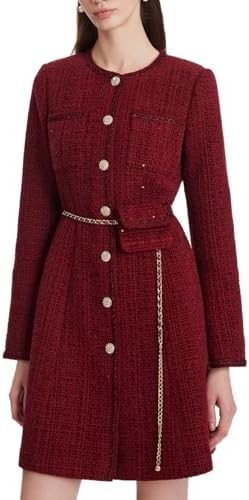 GOELIA Formal Mini Dress Long Sleeve Crewneck Button Up Tweed Dress for Women with Metal Button